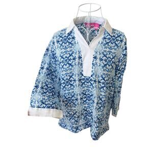 Isaac Mizrahi Linen Woman’s Coastal Blue 3/4 Sleeve V-Neck Top ~ Size: Small